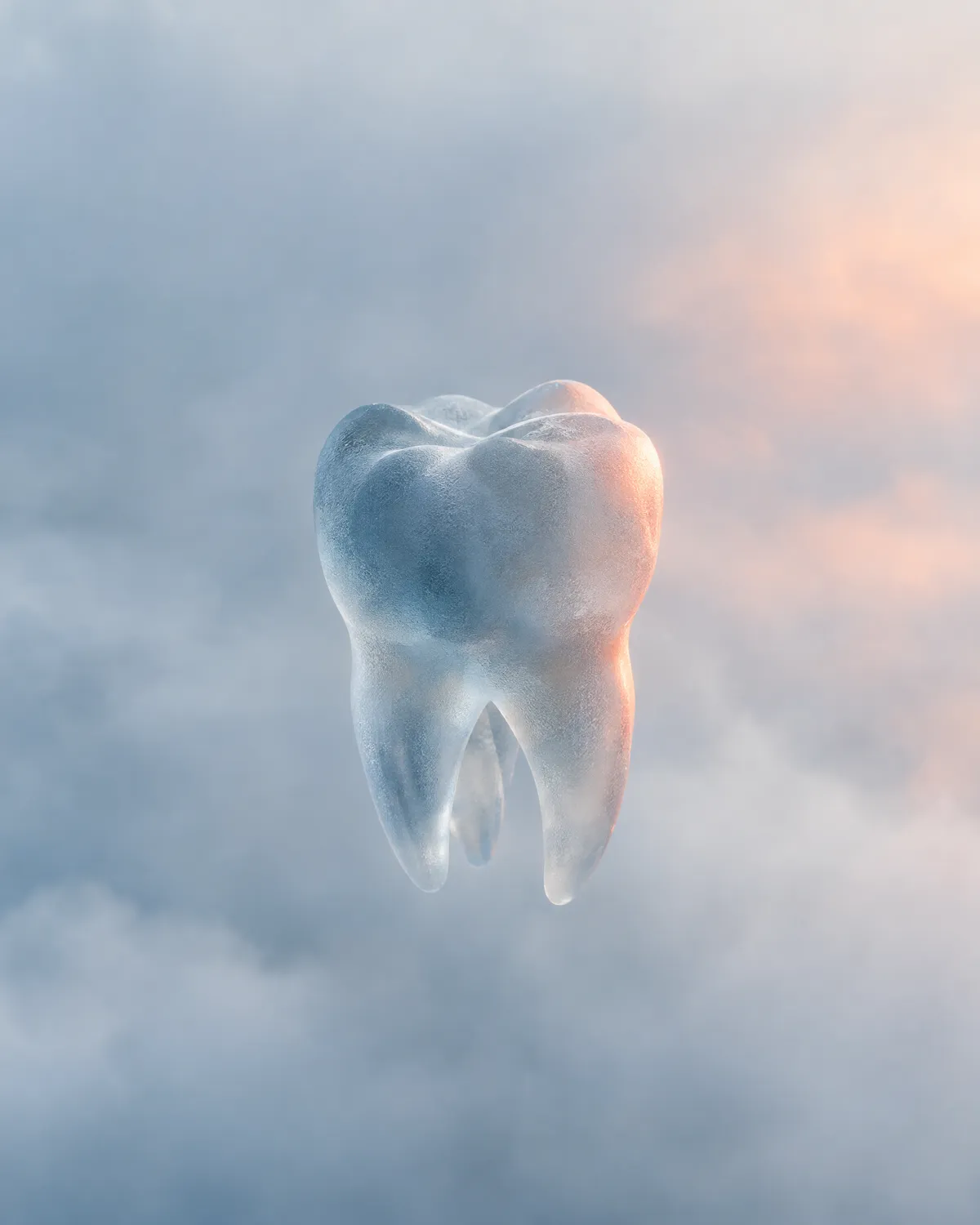 Glass tooth floating in the clouds at dawn, a symbol of dental and aesthetic clinics