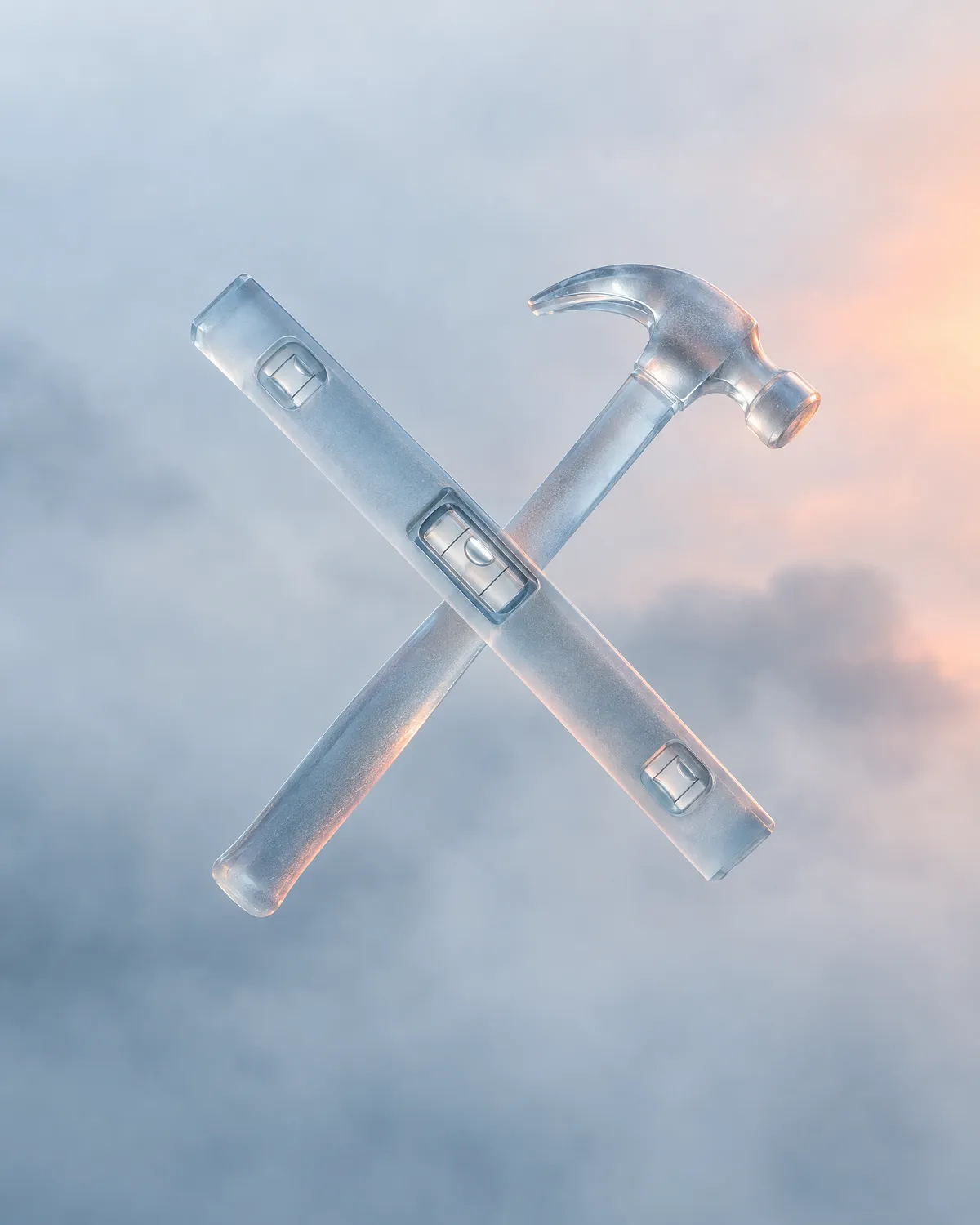 Crossed glass level and hammer among the clouds, a symbol of contractors and home services