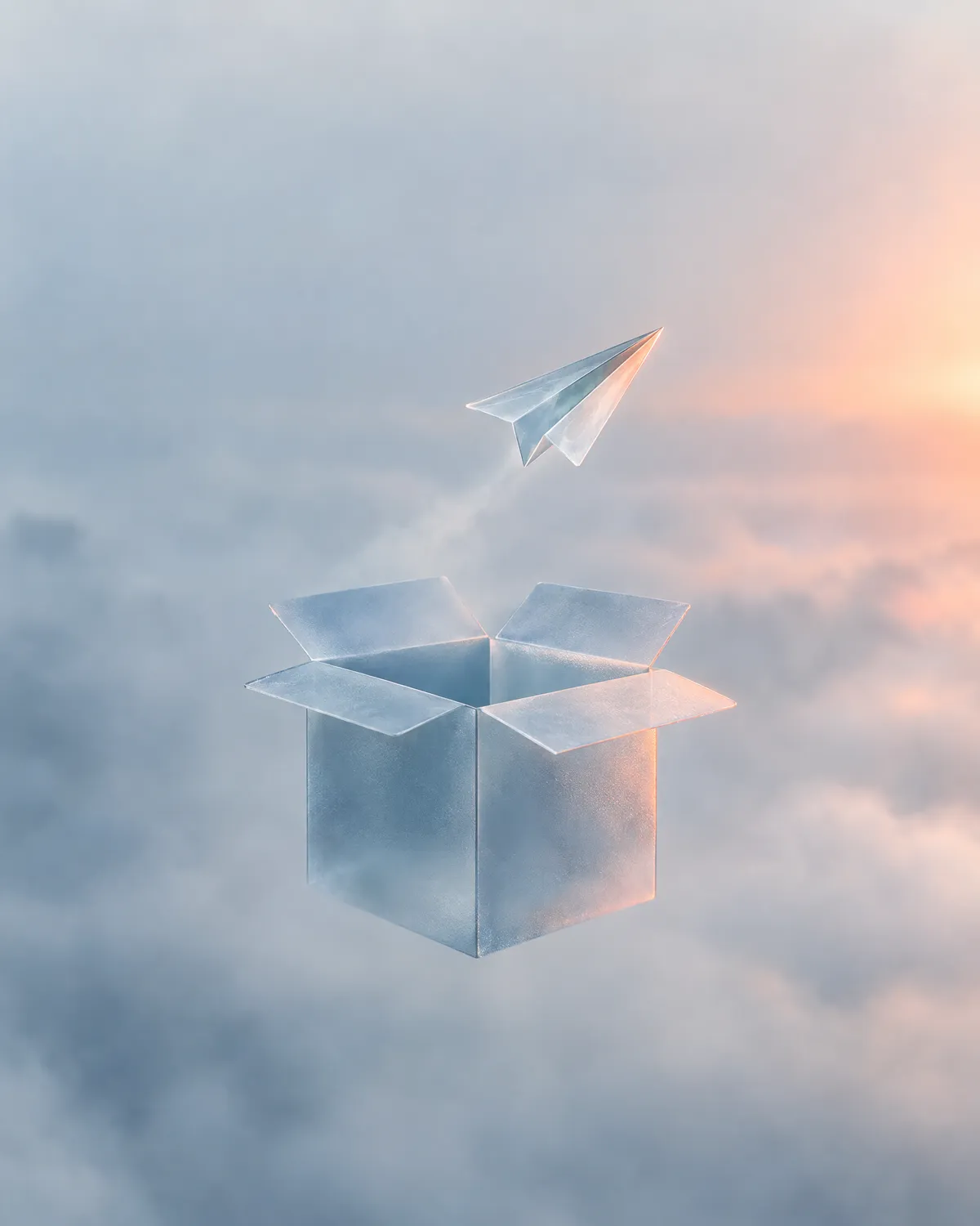 Open glass box with a paper plane taking off among the clouds, a symbol of e-commerce that exports