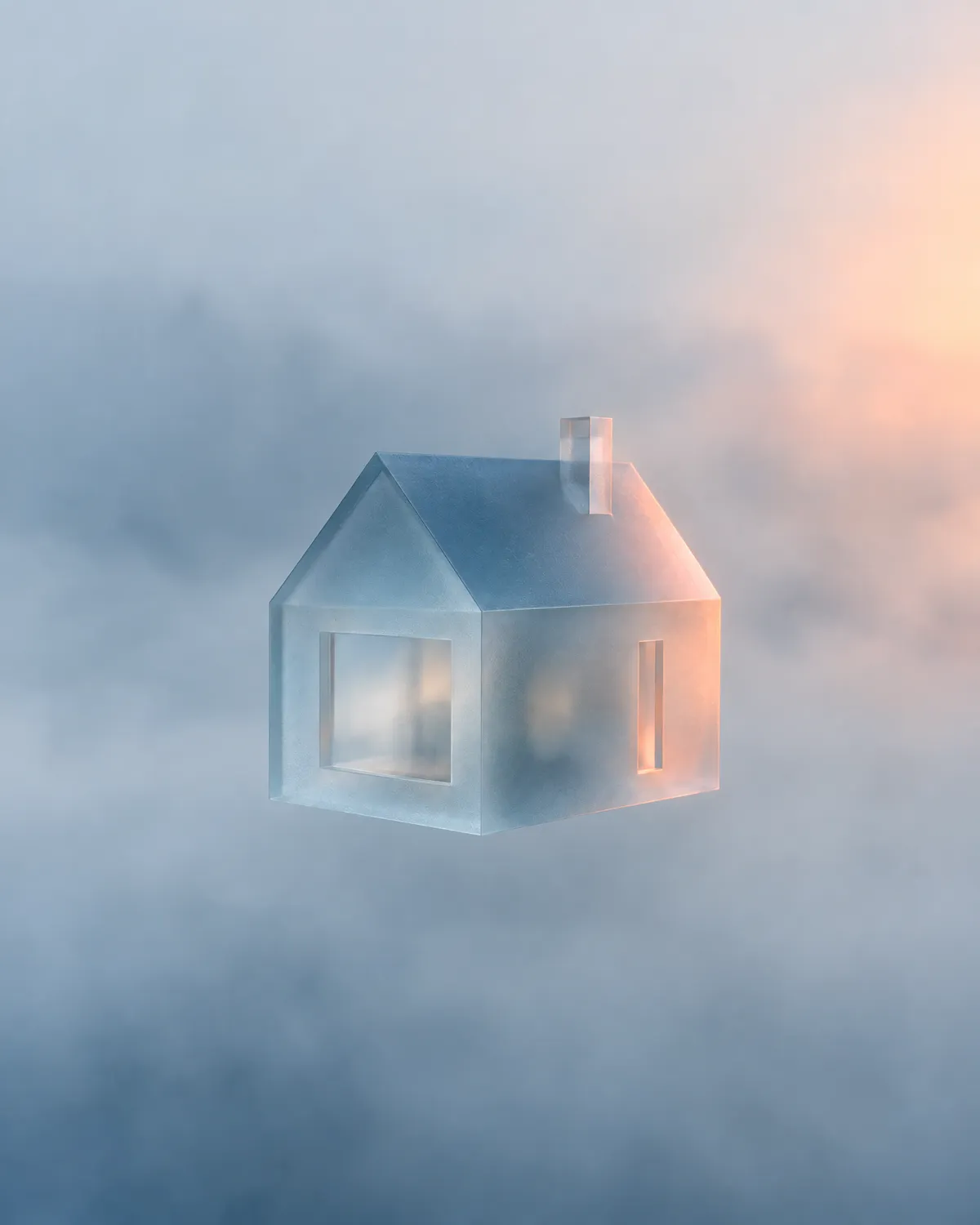 Glass house with lit windows floating in the clouds, a symbol of real estate