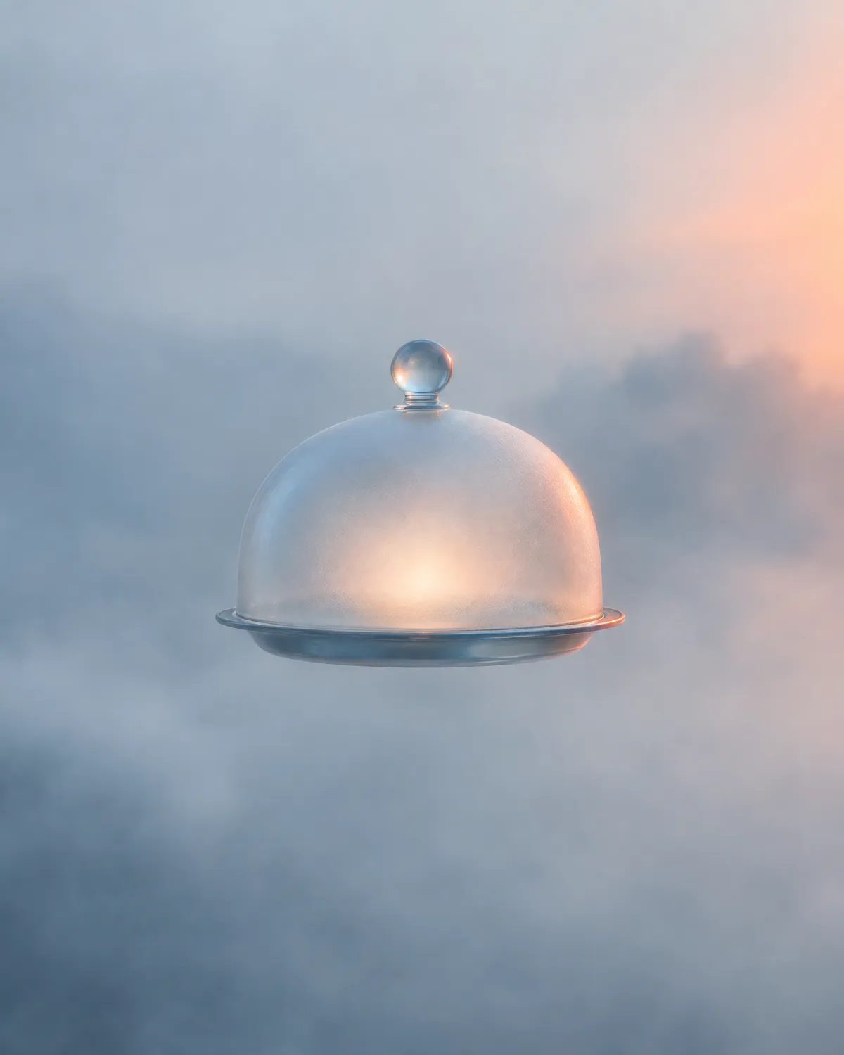 Glass serving cloche floating in the clouds, a symbol of restaurants