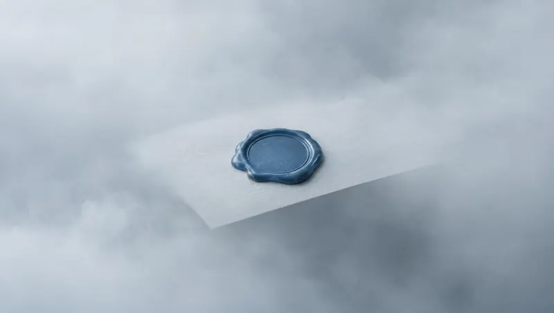 Blue wax seal on a sheet of paper among the clouds, a symbol of brand identity