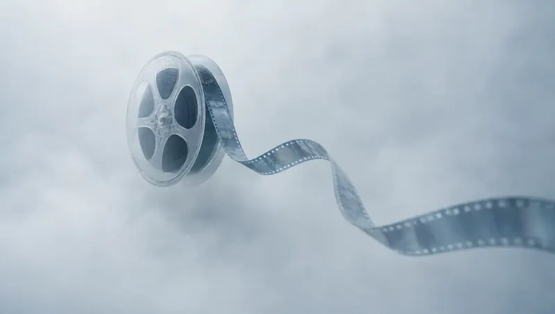 Film reel unrolling through the clouds, a symbol of social media content