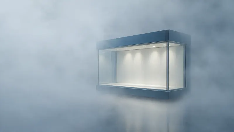 Lit glass showcase floating in the mist, a symbol of an online store open 24 hours a day